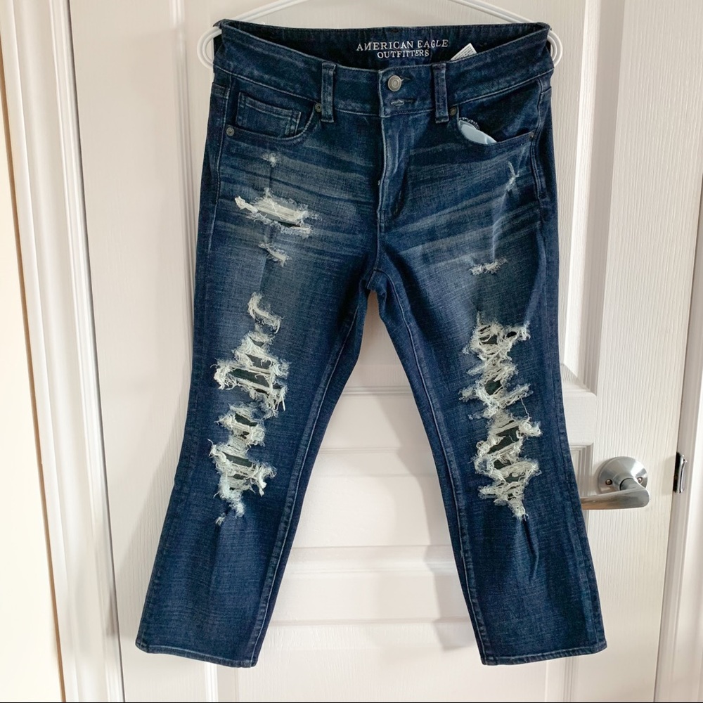American Eagle outfitters 360 super stretched artist crop blue distress denim